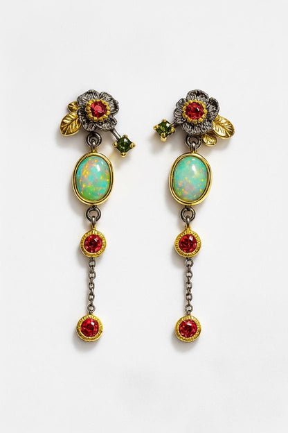 925 Sterling Silver Fire Opal Flower Dangle Earrings