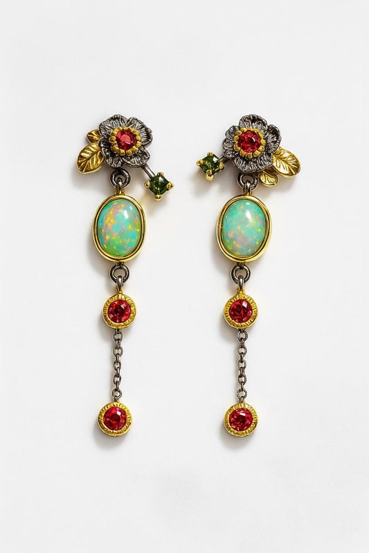 925 Sterling Silver Fire Opal Flower Dangle Earrings