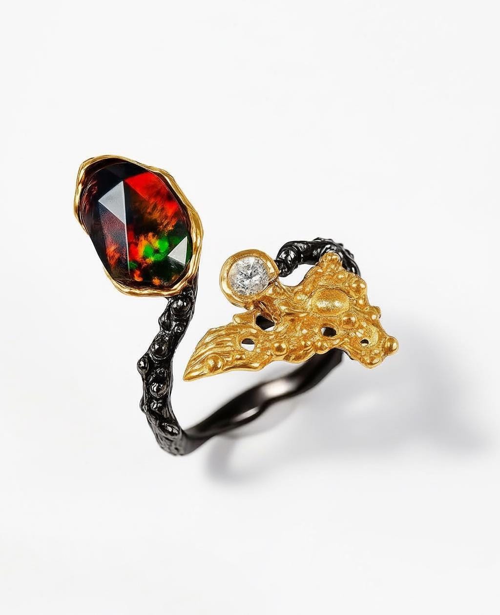 925 Sterling Silver Black Opal Leaf Ring