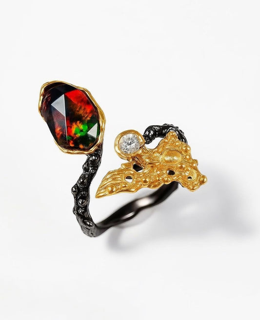 925 Sterling Silver Black Opal Leaf Ring