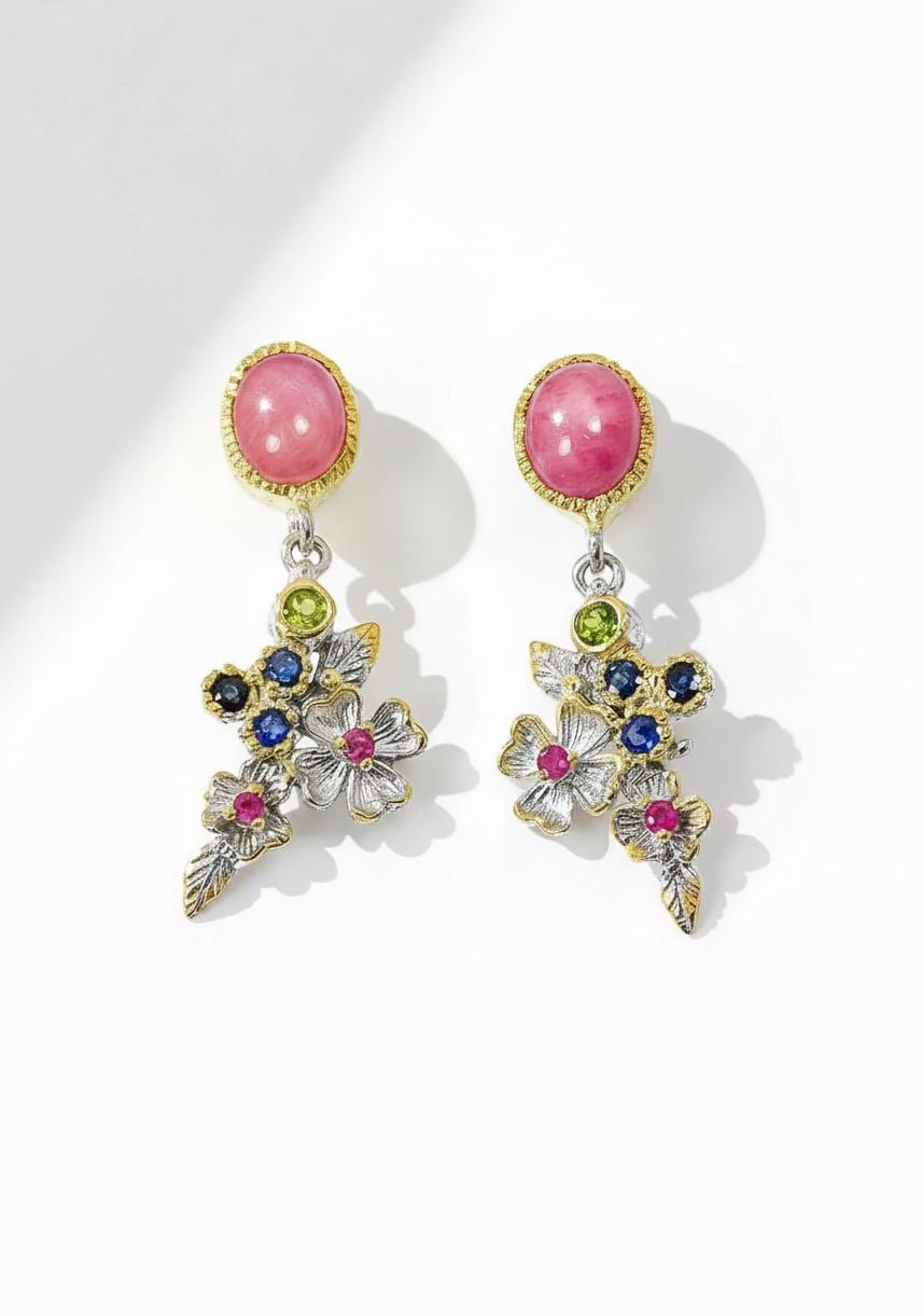 925 Sterling Silver Ruby Flower Earrings