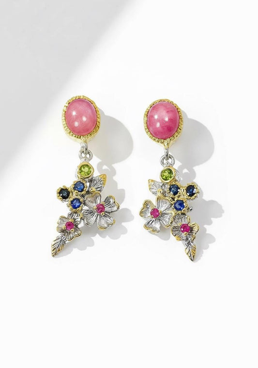 925 Sterling Silver Ruby Flower Earrings