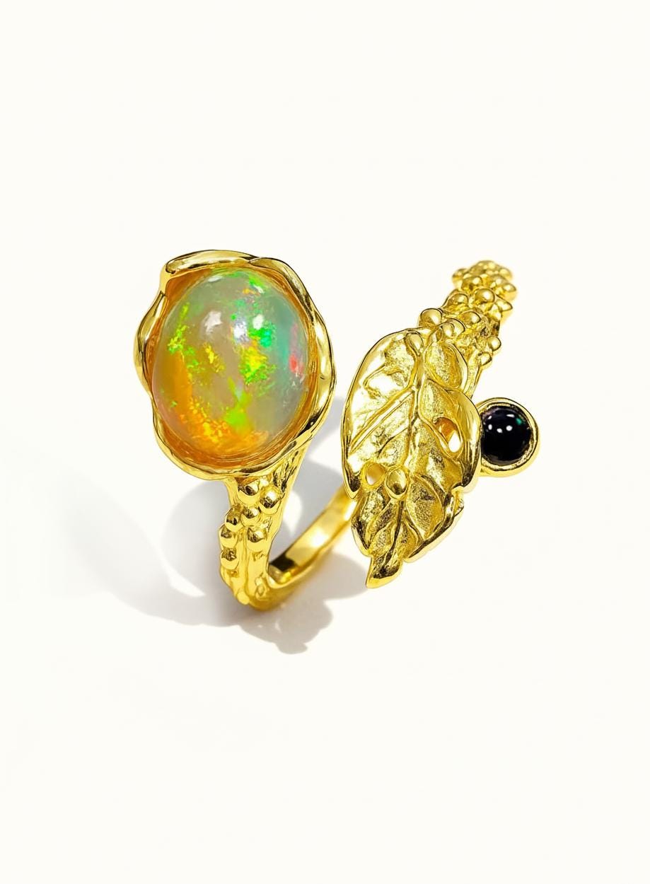 925 Sterling Silver Fire Opal Leaf Ring