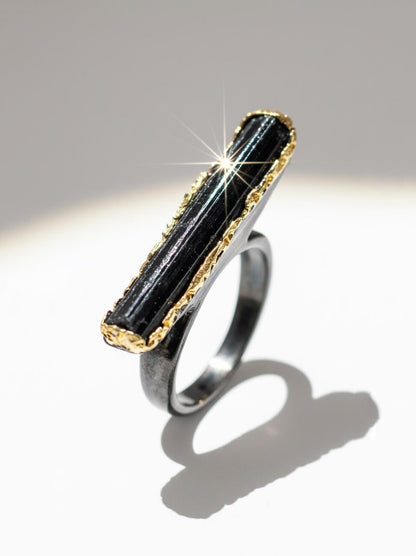 925 Sterling Silver Black Tourmaline Pencil Ring