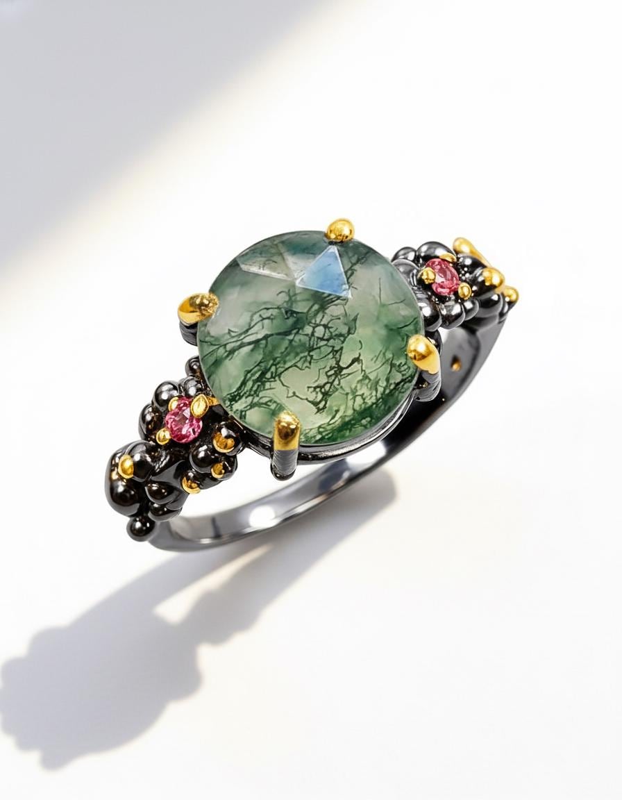 925 Sterling Silver Moss Agate Round Ring