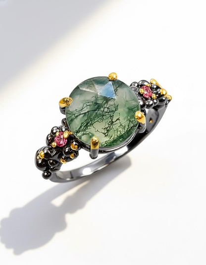 925 Sterling Silver Moss Agate Round Ring