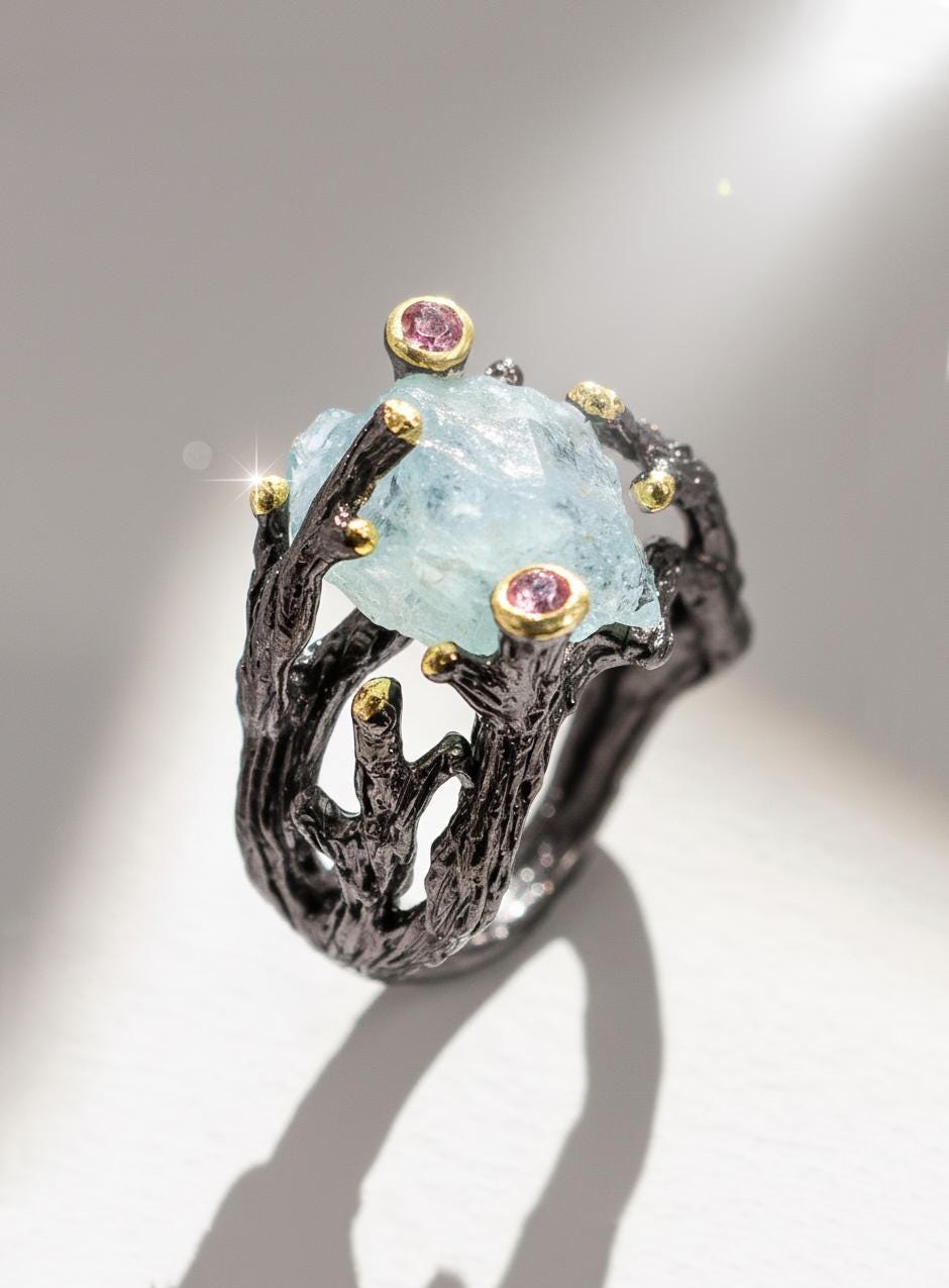 925 sterling silver aquamarine rough black ring