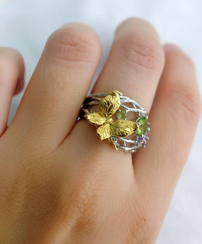 925 sterling silver butterfly peridot ring set