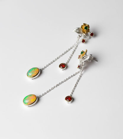 925 Sterling Silver Fire Opal Flower Earrings