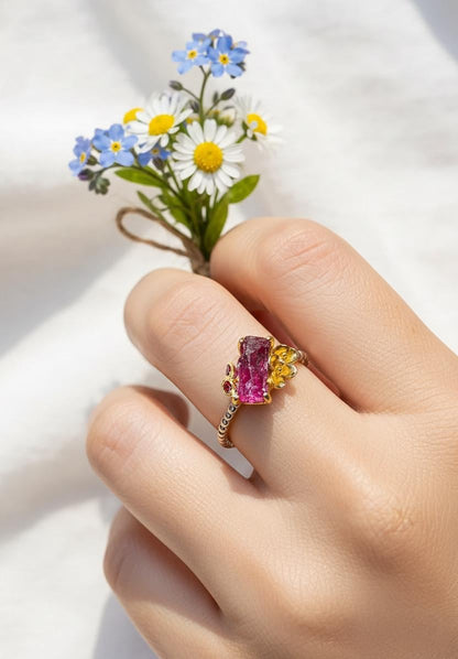 925 Sterling Silver Raw Pink Ruby Dainty Ring