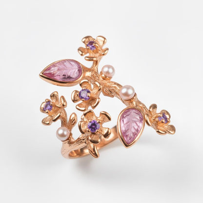 925 Sterling Silver Pink Tourmaline Sakura Ring