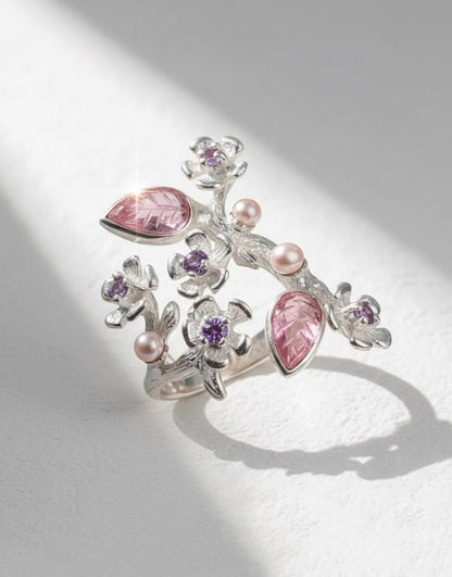 925 Sterling Silver Pink Tourmaline Sakura Ring