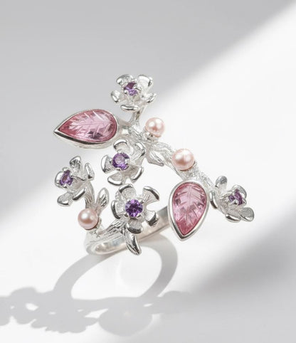 925 Sterling Silver Pink Tourmaline Sakura Ring