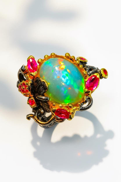 925 Sterling Silver Rainbow Fire Opal Ring