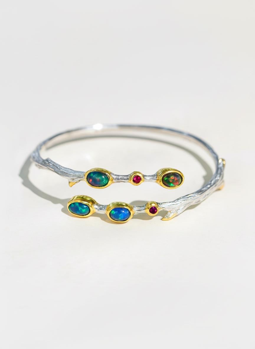925 Sterling Silver Black Opal Branch Cuff Bracelet