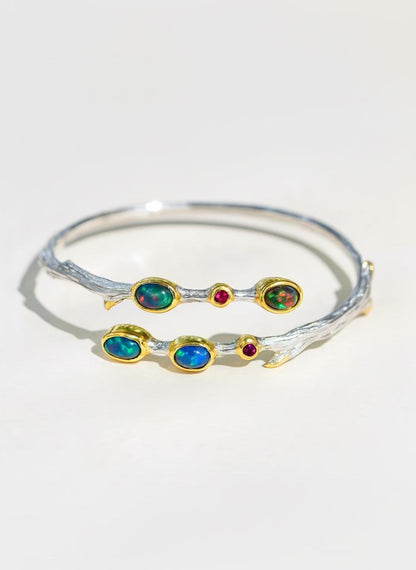 925 Sterling Silver Black Opal Branch Cuff Bracelet