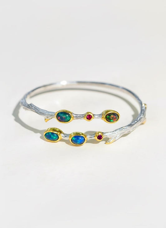 925 Sterling Silver Black Opal Branch Cuff Bracelet