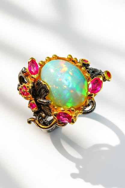 925 Sterling Silver Fire Opal Floral Ring