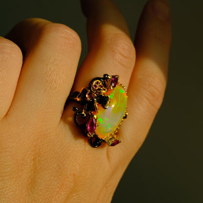 925 Sterling Silver Fire Opal Floral Ring