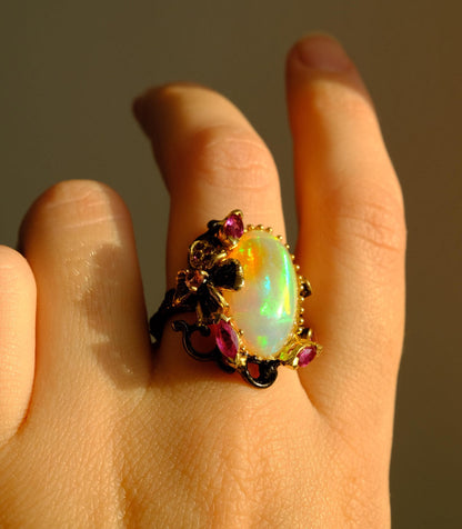 925 Sterling Silver Fire Opal Floral Ring