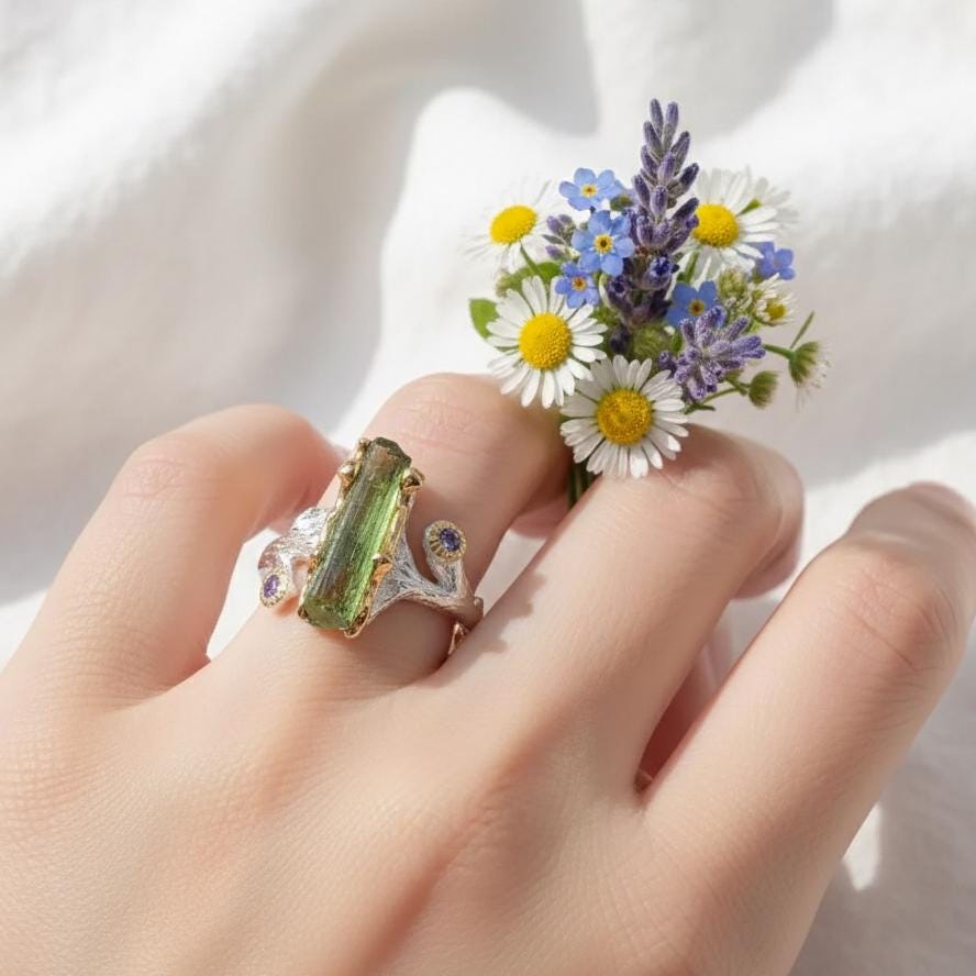 925 Sterling Silver Raw Tourmaline Branch Ring