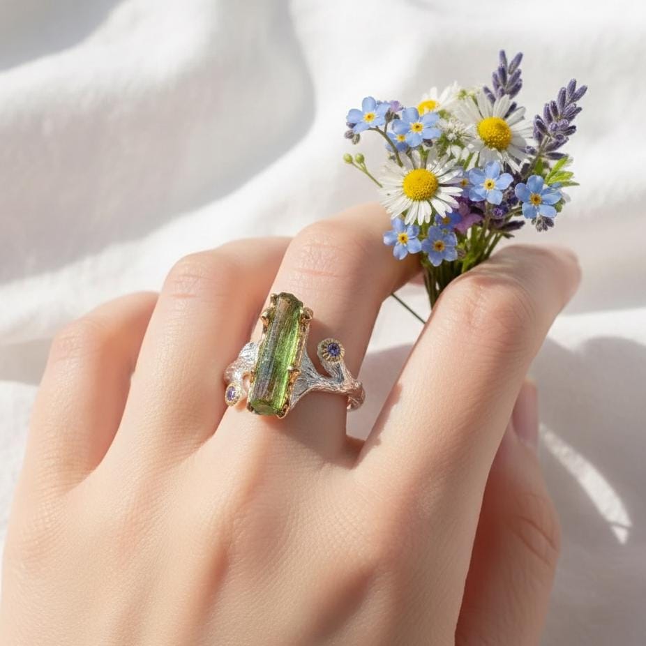 925 Sterling Silver Raw Tourmaline Branch Ring