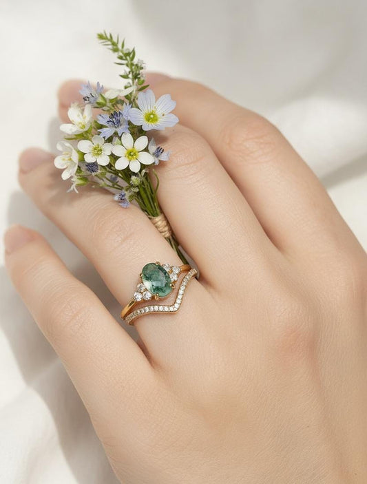 925 sterling silver moss agate green oval ring