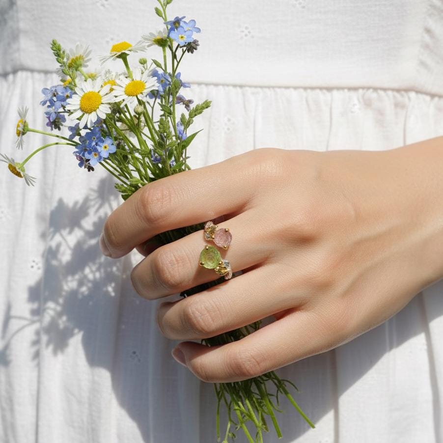 925 Sterling Silver Pink Green Tourmaline Ring