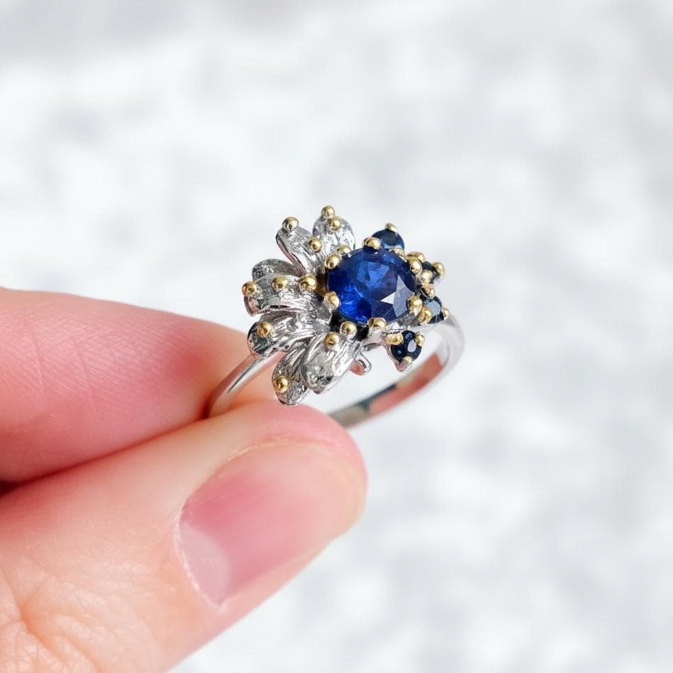 925 Sterling Silver Real Sapphire Flower Ring