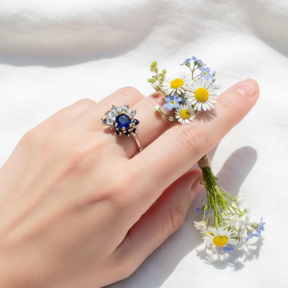 925 Sterling Silver Real Sapphire Flower Ring