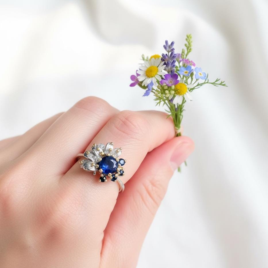 925 Sterling Silver Real Sapphire Flower Ring
