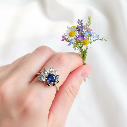925 Sterling Silver Real Sapphire Flower Ring