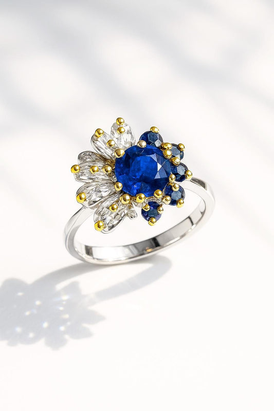 925 Sterling Silver Real Sapphire Flower Ring