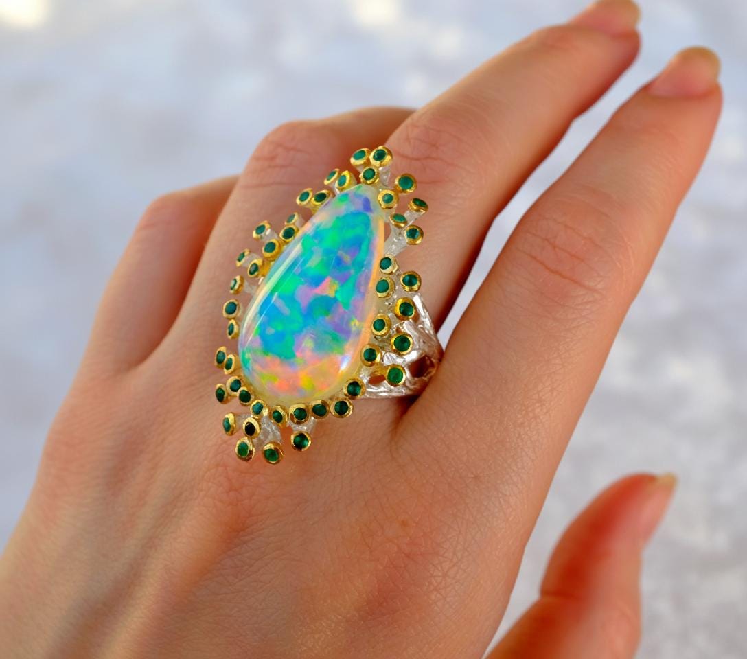 925 Sterling Silver Fire Opal Statement Ring