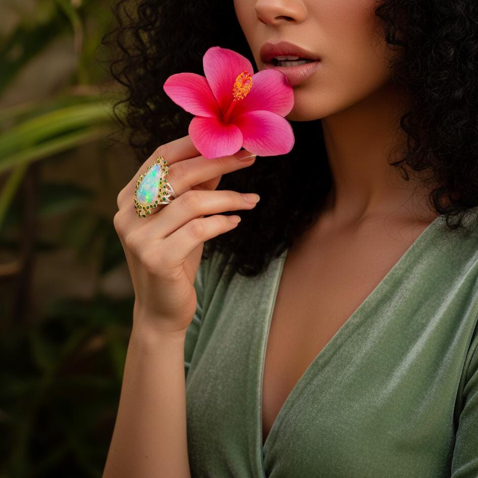 925 Sterling Silver Fire Opal Statement Ring