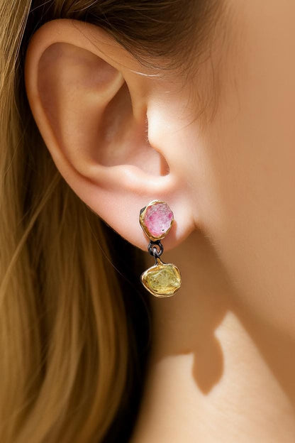 925 Sterling Silver Raw Ruby Peridot Earrings