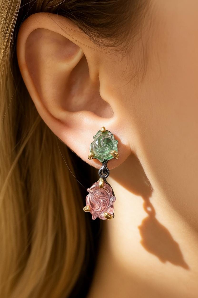 925 Sterling Silver Pink Green Tourmaline Earrings