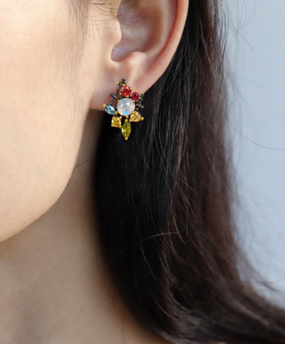 925 Sterling Silver  Moonstone Gemstone Cluster Earrings