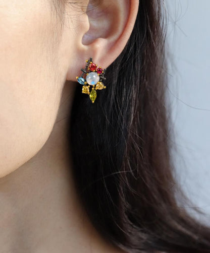 925 Sterling Silver  Moonstone Gemstone Cluster Earrings