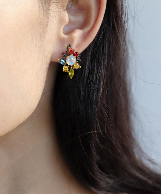 925 Sterling Silver  Moonstone Gemstone Cluster Earrings