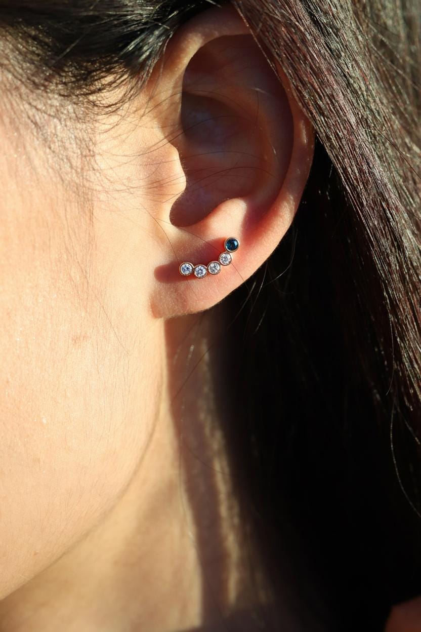 14K Solid Rose Gold Sapphire Ear Crawler Earrings