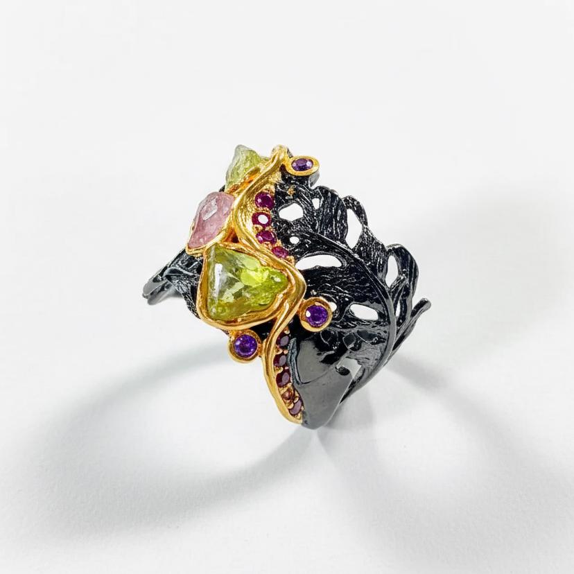 925 Sterling Silver Raw Green Sapphire Wide Ring