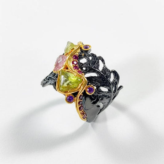 925 Sterling Silver Raw Green Sapphire Wide Ring