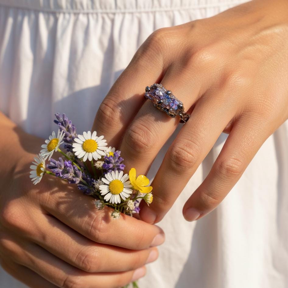 925 Sterling Silver Raw Bismuth Black Ring