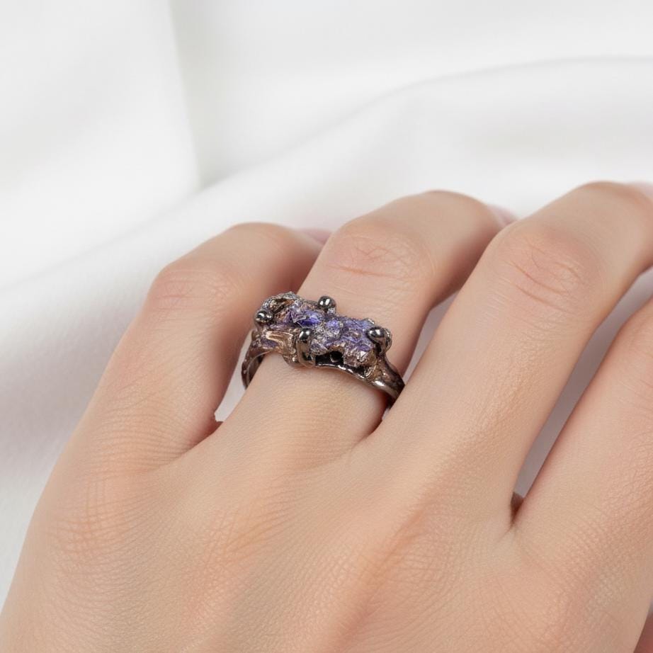 925 Sterling Silver Raw Bismuth Black Ring