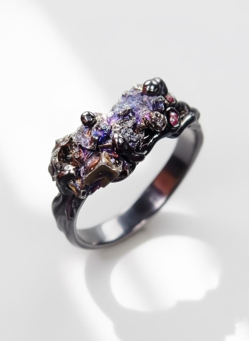 925 Sterling Silver Raw Bismuth Black Ring