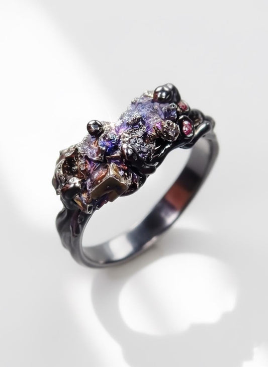 925 Sterling Silver Raw Bismuth Black Ring