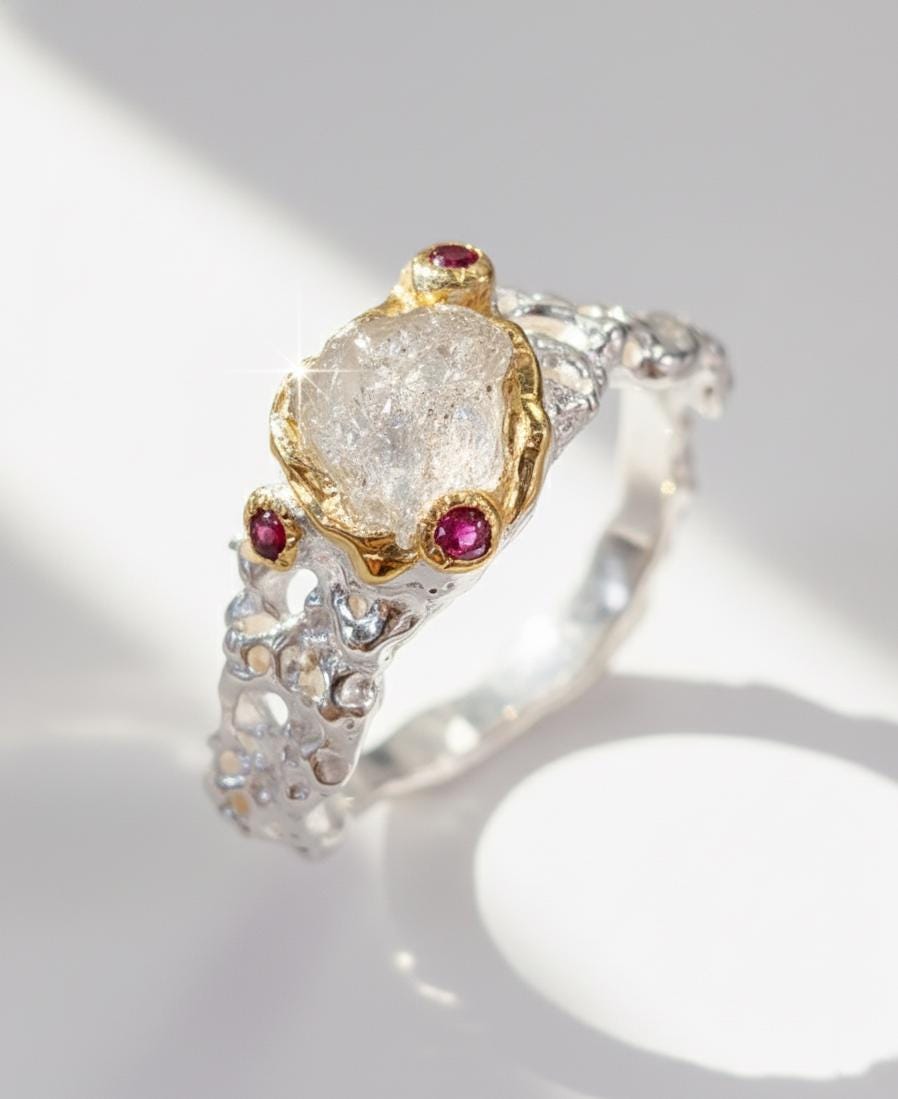 925 Sterling Silver Raw White Sapphire Ring