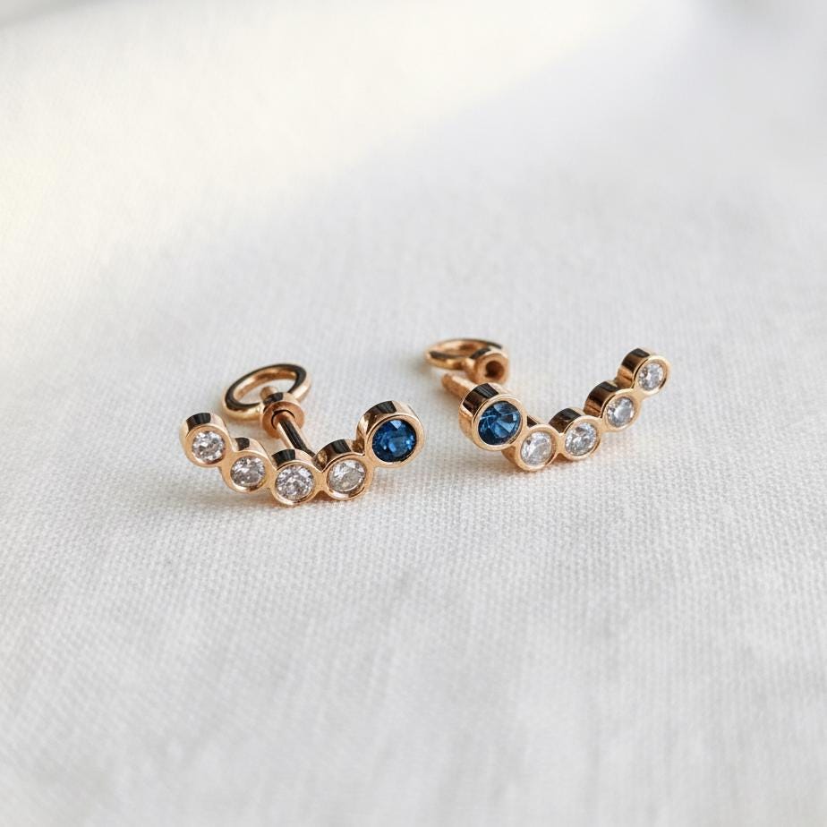 14K Solid Rose Gold Sapphire Ear Crawler Earrings