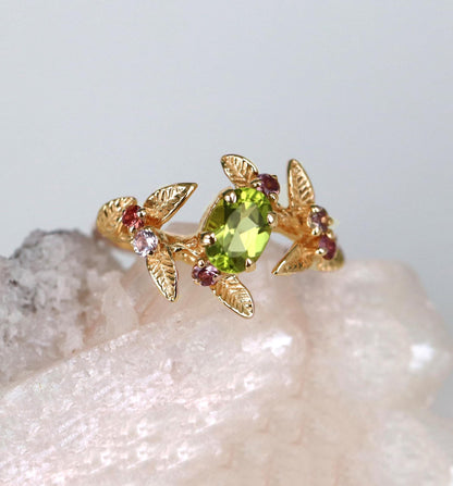 14K Solid Gold Green Peridot Spinel Ring